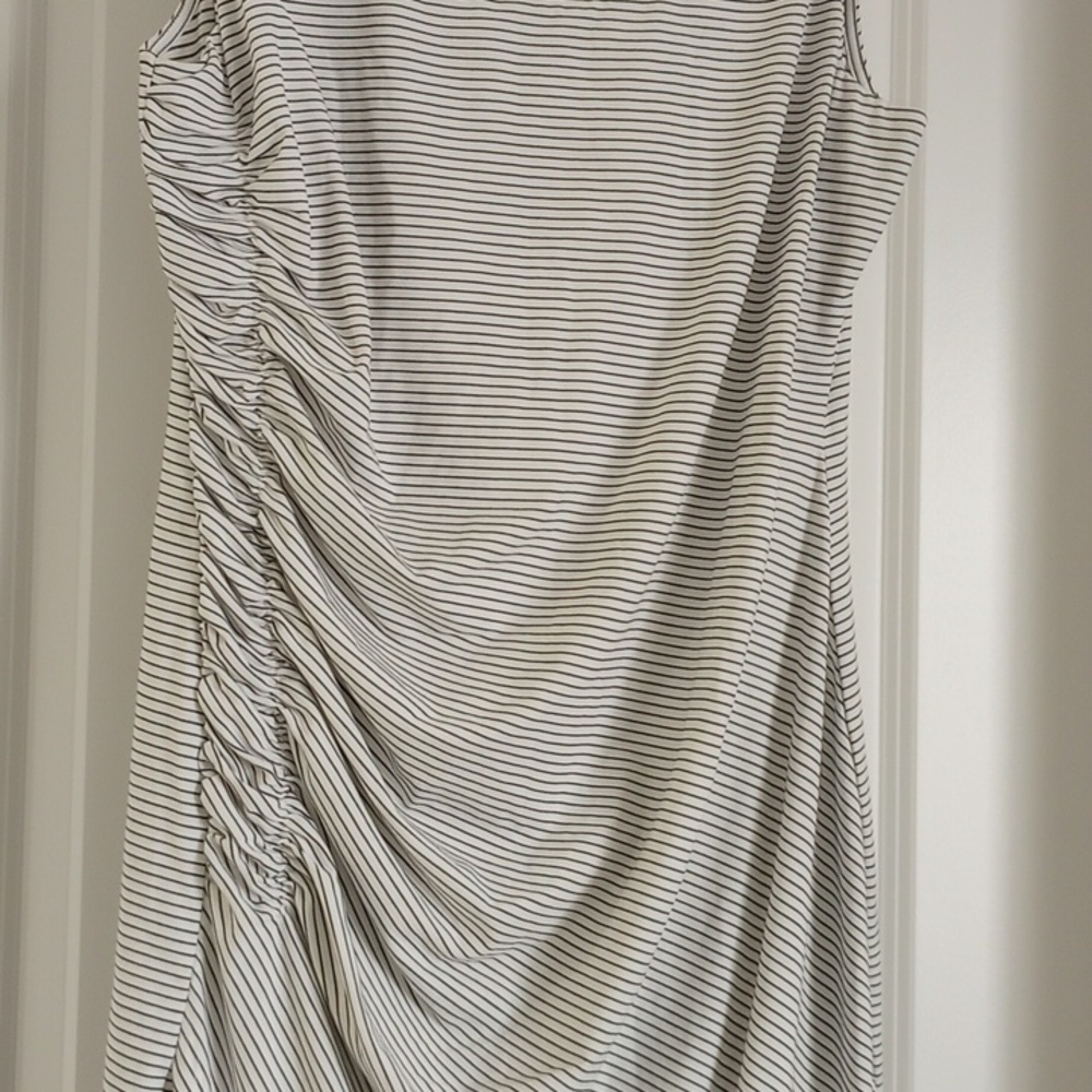 Gibson Latimer Womens Midi Dress Sz L Black & White Striped Scoop Neck Ruched - Picture 3 of 10